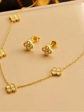Gold Floral Crystal Necklace and Stud Earrings Set